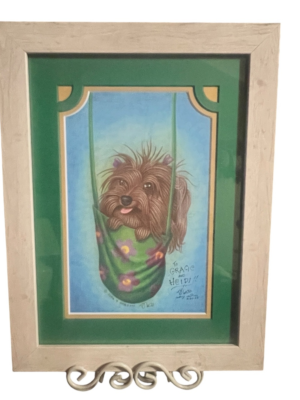 Vintage Custom Framed Yorkie Pet Portrait Art Rustic Wood Frame Signed 2004